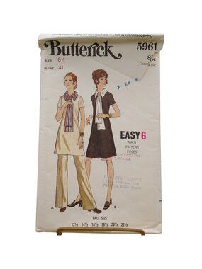 Vintage Sewing PATTERN Butterick 5961, Womens Half Size 1970 Dress and Pants